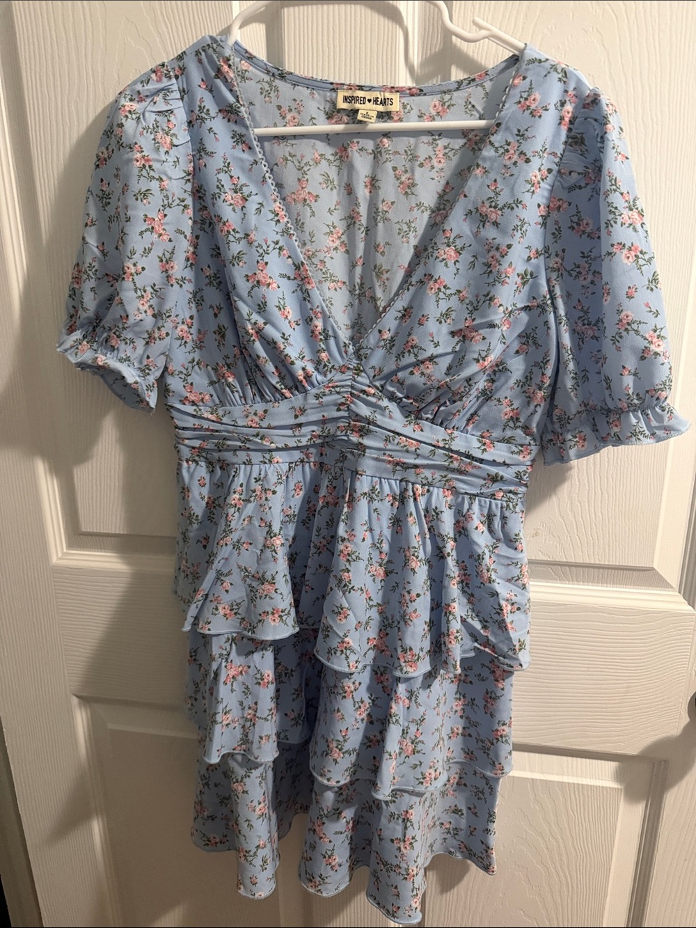 Inspired Hearts Light Blue Floral Tiered V-Neck Dress